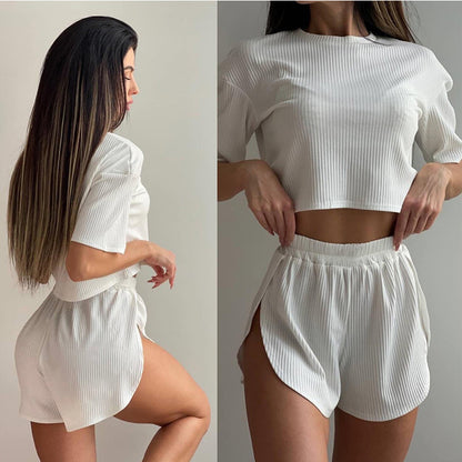 Shorts Set- Ribbed Crop Tee & Slit Shorts in Women's Lounge 2 Piece Outfit- - Chuzko Women Clothing