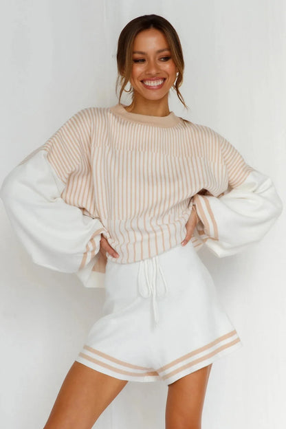 Shorts Sets- Drop-Shoulder Sweatshirt & Matching Shorts Comfy Two-Piece Set- - Chuzko Women Clothing