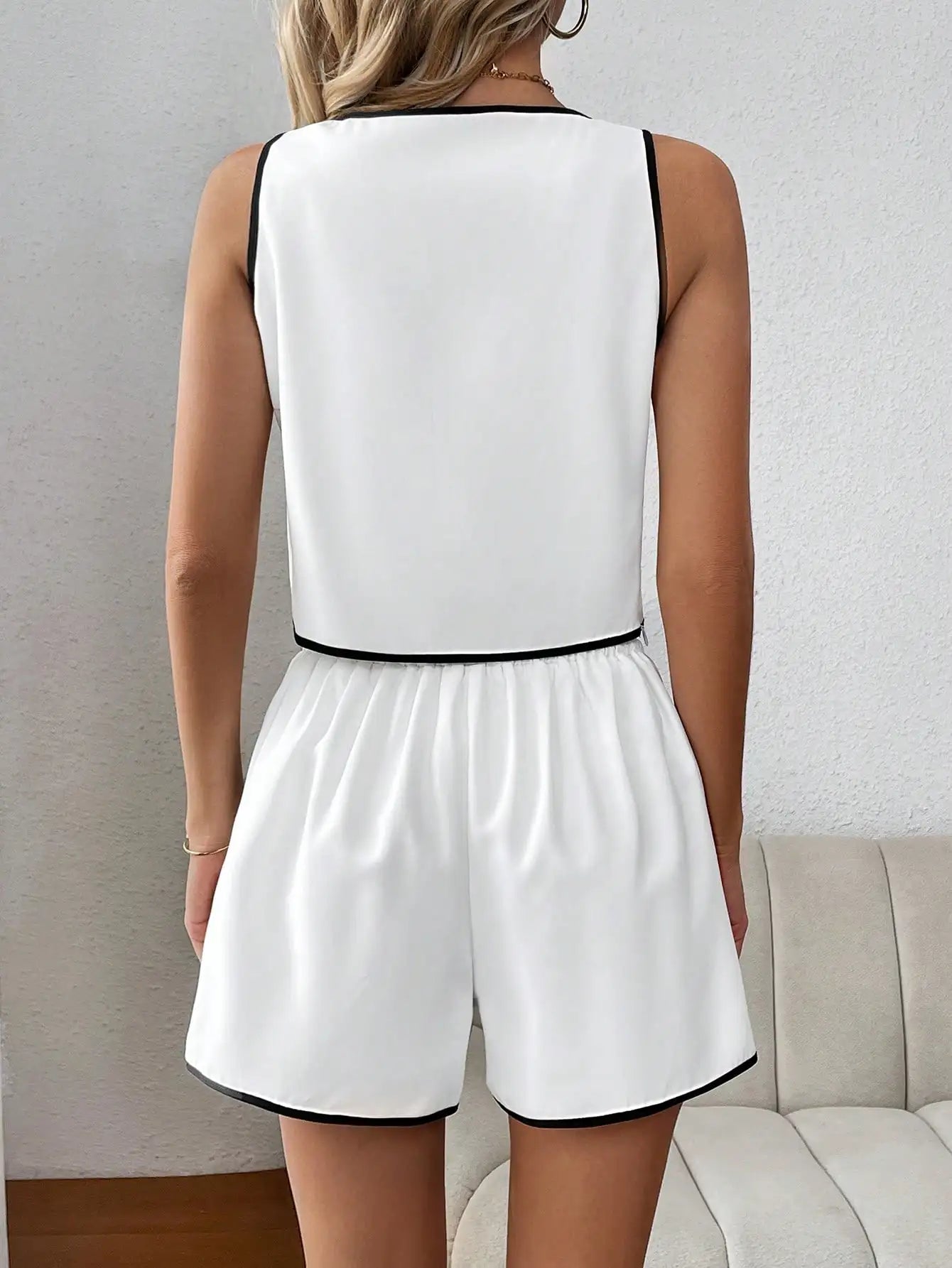 Shorts Sets- Sleeveless Top and Shorts - Two-Piece Set with Contrast Trim- - Chuzko Women Clothing