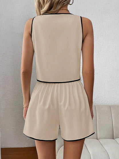 Shorts Sets- Sleeveless Top and Shorts - Two-Piece Set with Contrast Trim- - Chuzko Women Clothing