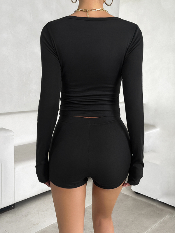Shorts Sets- Slim Fit Shorts & Long Sleeve Crop Tee Set for Women- - Chuzko Women Clothing
