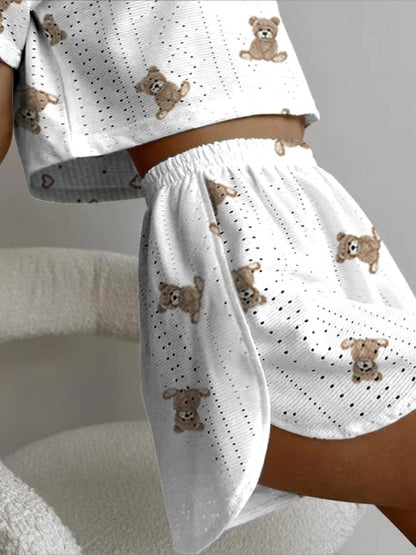 Shorts Sets- Women Crop Top & Shorts - Teddy Bear & Hearts Two-Piece Set- - Chuzko Women Clothing
