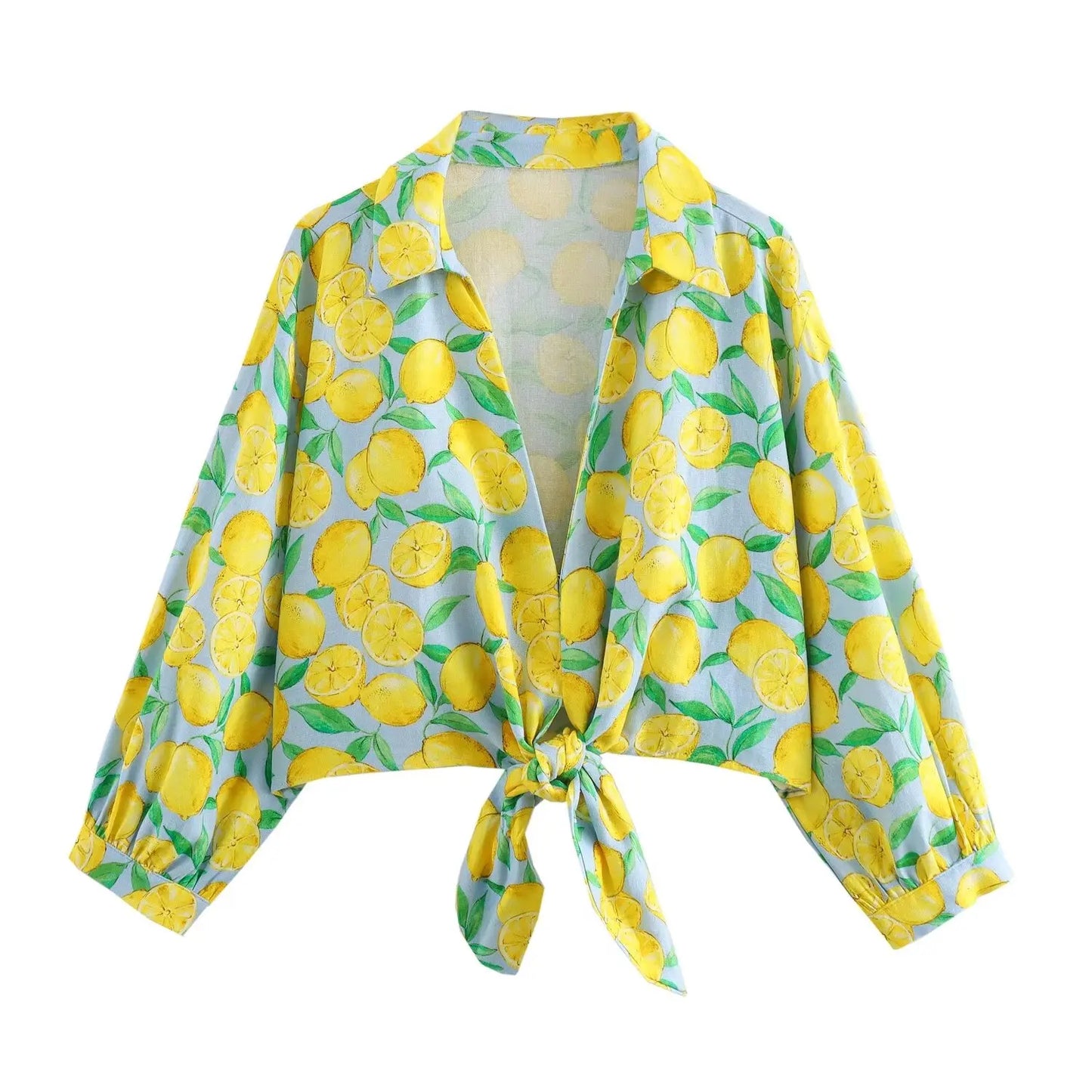 Shorts Sets- Women Zesty Lemon Crop Top & Shorts - Two-Piece Set for Summer Days- yellow print top- Chuzko Women Clothing