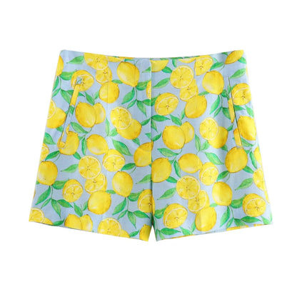 Shorts Sets- Women Zesty Lemon Crop Top & Shorts - Two-Piece Set for Summer Days- yellow print shorts- Chuzko Women Clothing