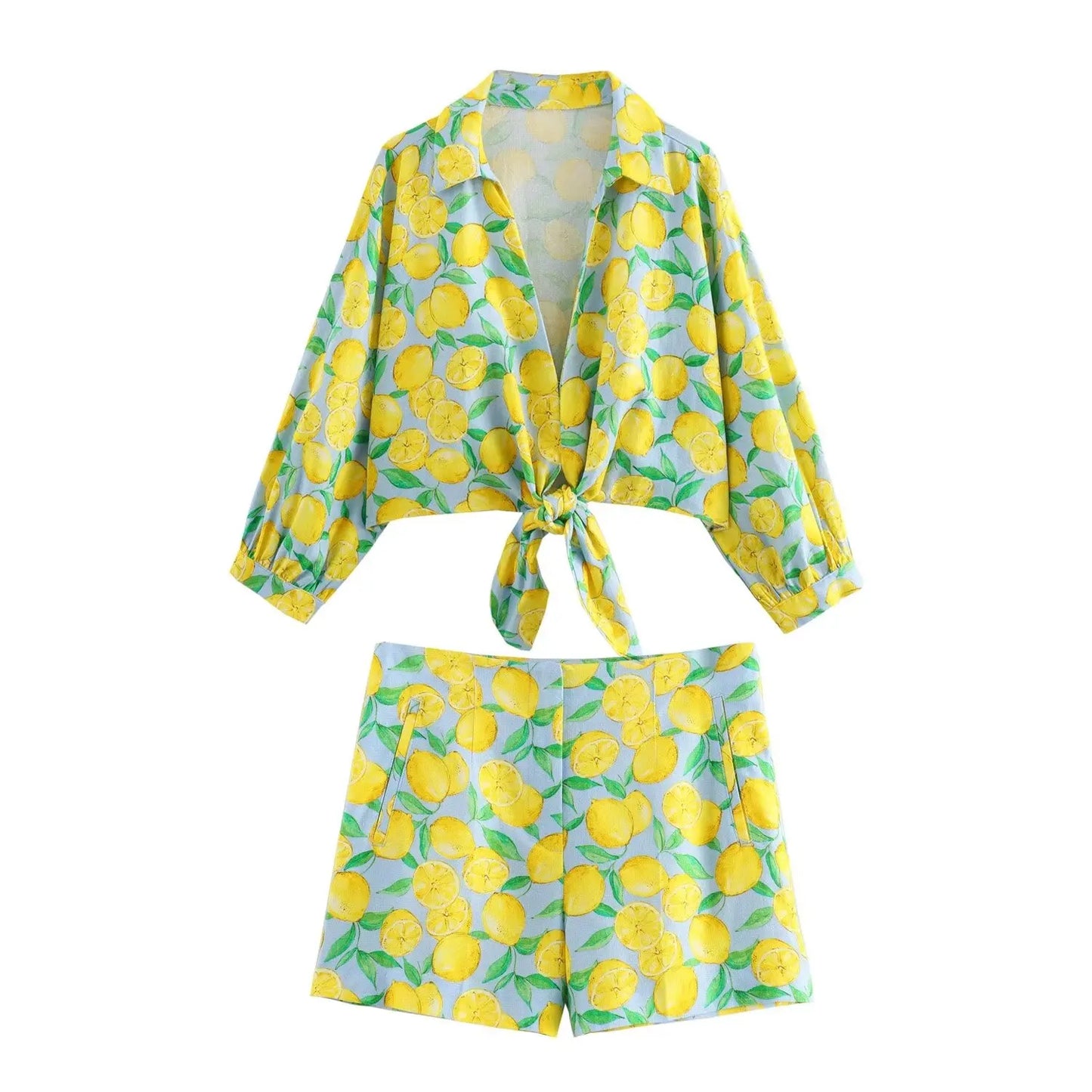 Shorts Sets- Women Zesty Lemon Crop Top & Shorts - Two-Piece Set for Summer Days- yellow print suit- Chuzko Women Clothing
