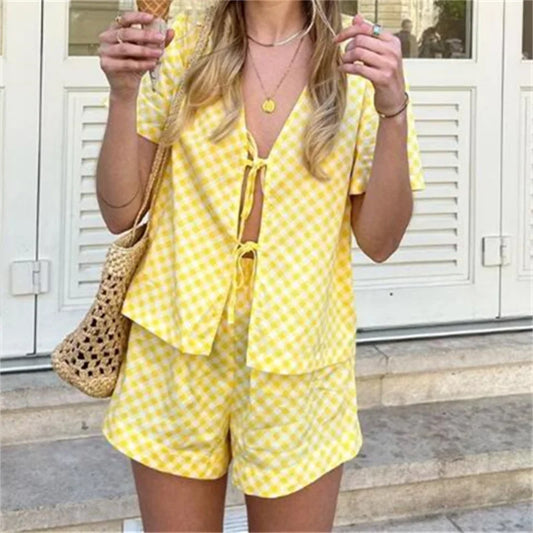 Shorts Sets- Yellow Gingham Two-piece Set - Plaid Tie-Up Blouse and Shorts- Yellow- Chuzko Women Clothing