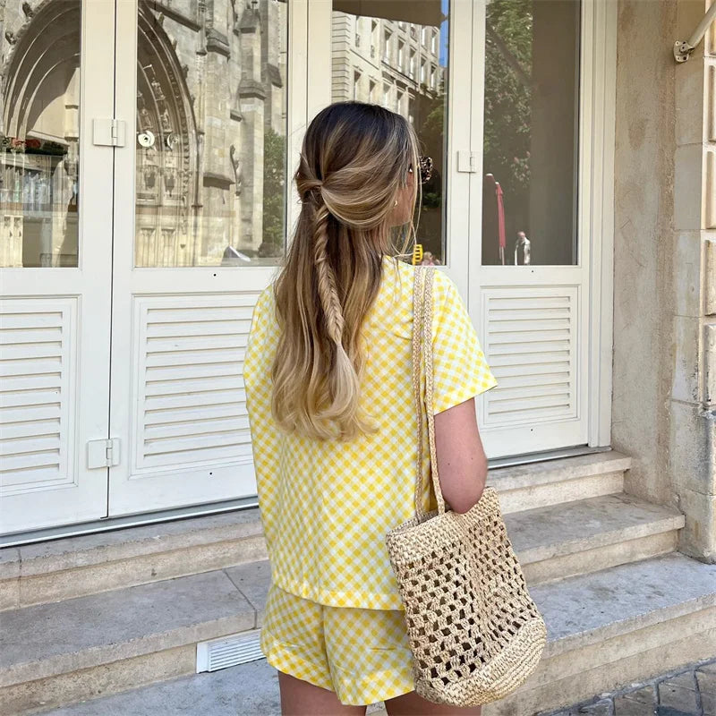 Shorts Sets- Yellow Gingham Two-piece Set - Plaid Tie-Up Blouse and Shorts- - Chuzko Women Clothing