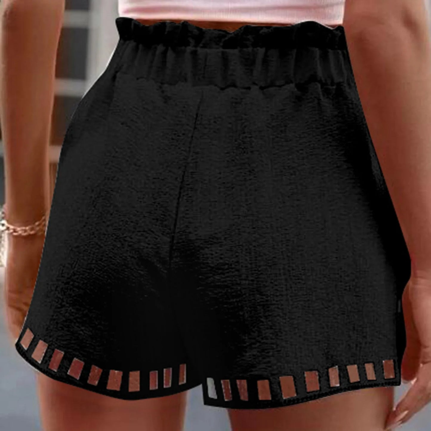 Shorts- Women Textured Paperbag Shorts with Stylish Cut-Outs- - Chuzko Women Clothing