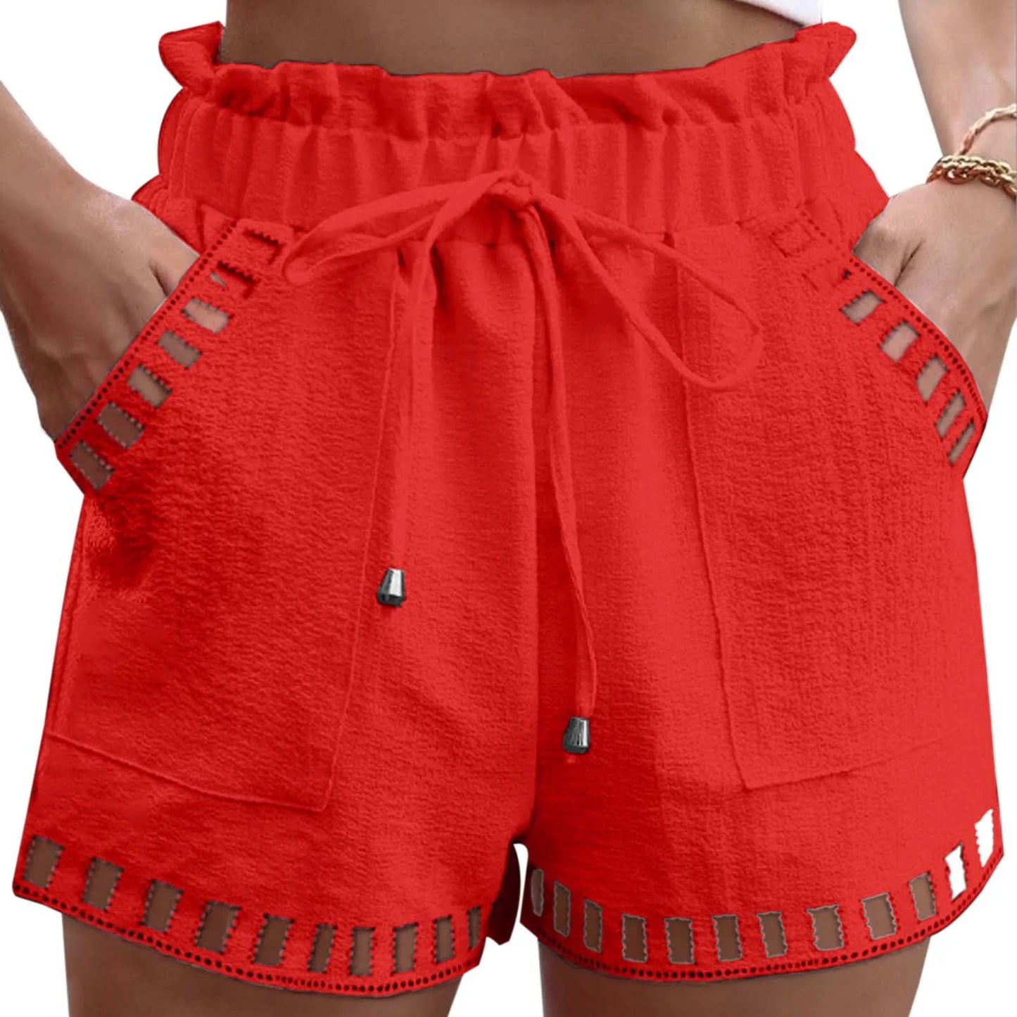 Shorts- Women Textured Paperbag Shorts with Stylish Cut-Outs- Red- Chuzko Women Clothing