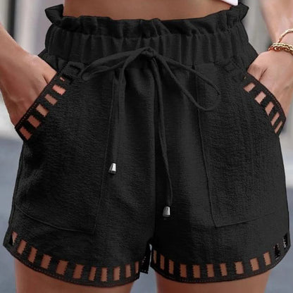 Shorts- Women Textured Paperbag Shorts with Stylish Cut-Outs- Black- Chuzko Women Clothing