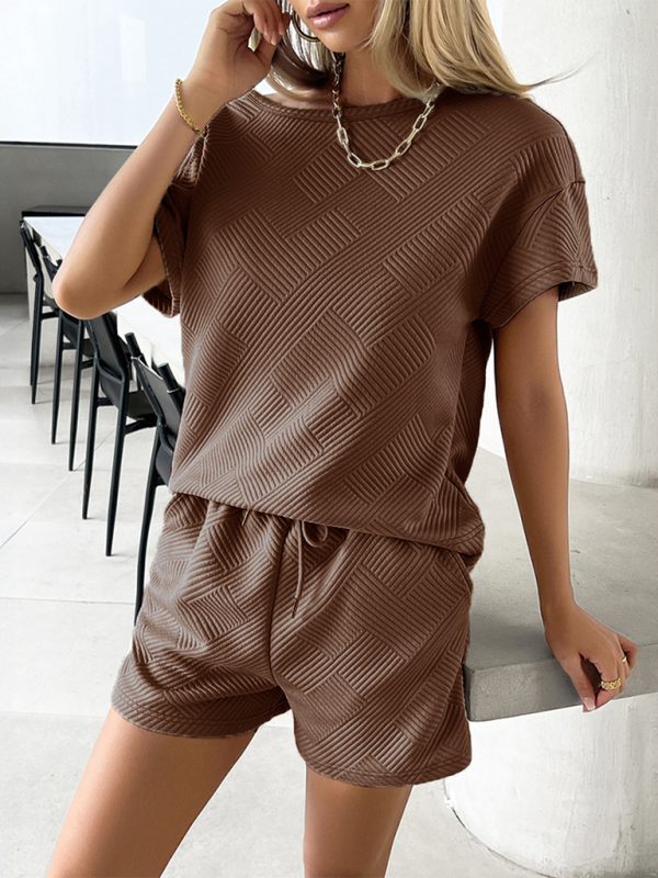 Shorts set- Relaxed Summer Style Casual Shorts & Textured T-Shirt Combo- - Chuzko Women Clothing