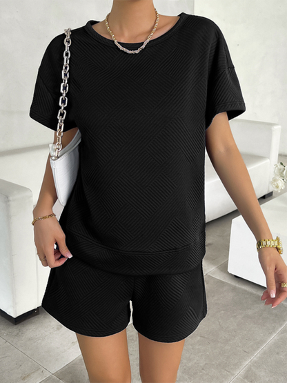 Shorts set- Relaxed Summer Style Casual Shorts & Textured T-Shirt Combo- - Chuzko Women Clothing