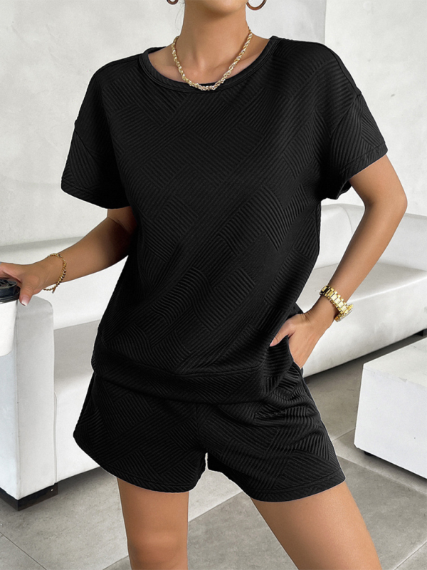 Shorts set- Relaxed Summer Style Casual Shorts & Textured T-Shirt Combo- Black- Chuzko Women Clothing