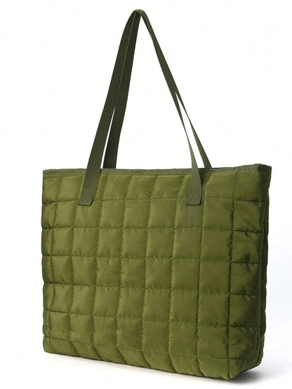 Shoulder Bags- Quilted Carryall Shoulder Bag- Army green- Chuzko Women Clothing