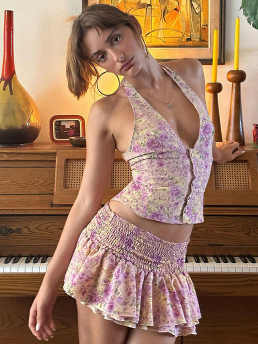 Skirt Set- Floral 2-Piece Layered Mini Skirt & Halter Top - Women's Romantic Vacation Outfit- Pink- Chuzko Women Clothing