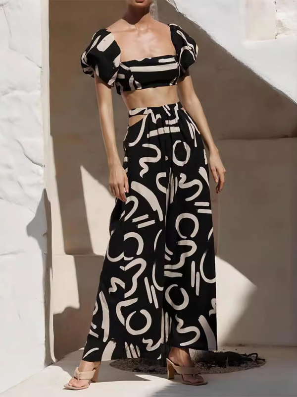 Skirt Set- Off-the-Shoulder Crop Top and Skirt - Two-Piece Garden Party Outfit- Black- Chuzko Women Clothing