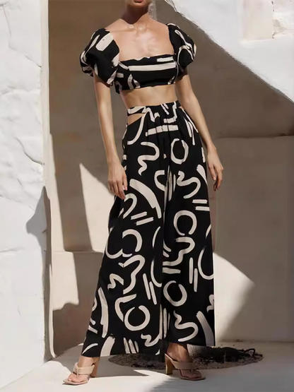 Skirt Set- Off-the-Shoulder Crop Top and Skirt - Two-Piece Garden Party Outfit- Black- Chuzko Women Clothing