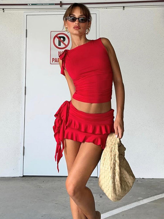 Skirt Set- Solid Runway Fitted 2 Piece Outfit - Sleeveless Top & Layered Mini Skirt- Red- Chuzko Women Clothing