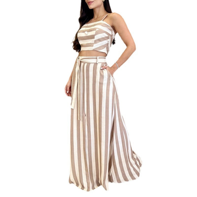 Skirt Set- Striped Belted Maxi Skirt & Cami Top 2 Piece Set for Women's Vacation- - Chuzko Women Clothing