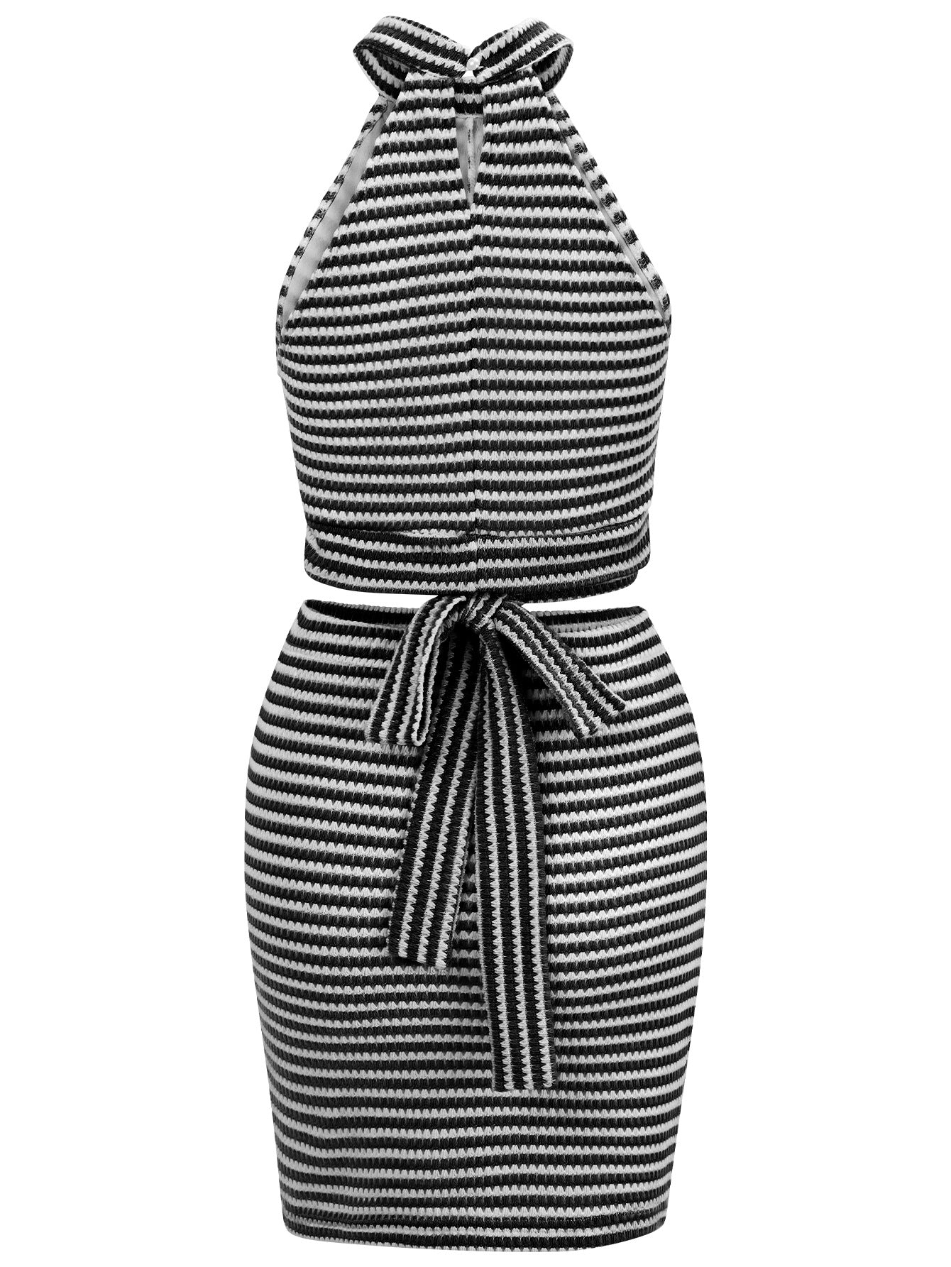Skirt Set- Striped Summer Women's 2 Piece Set - Halter Top & Bowknot Back Mini Skirt- - Chuzko Women Clothing