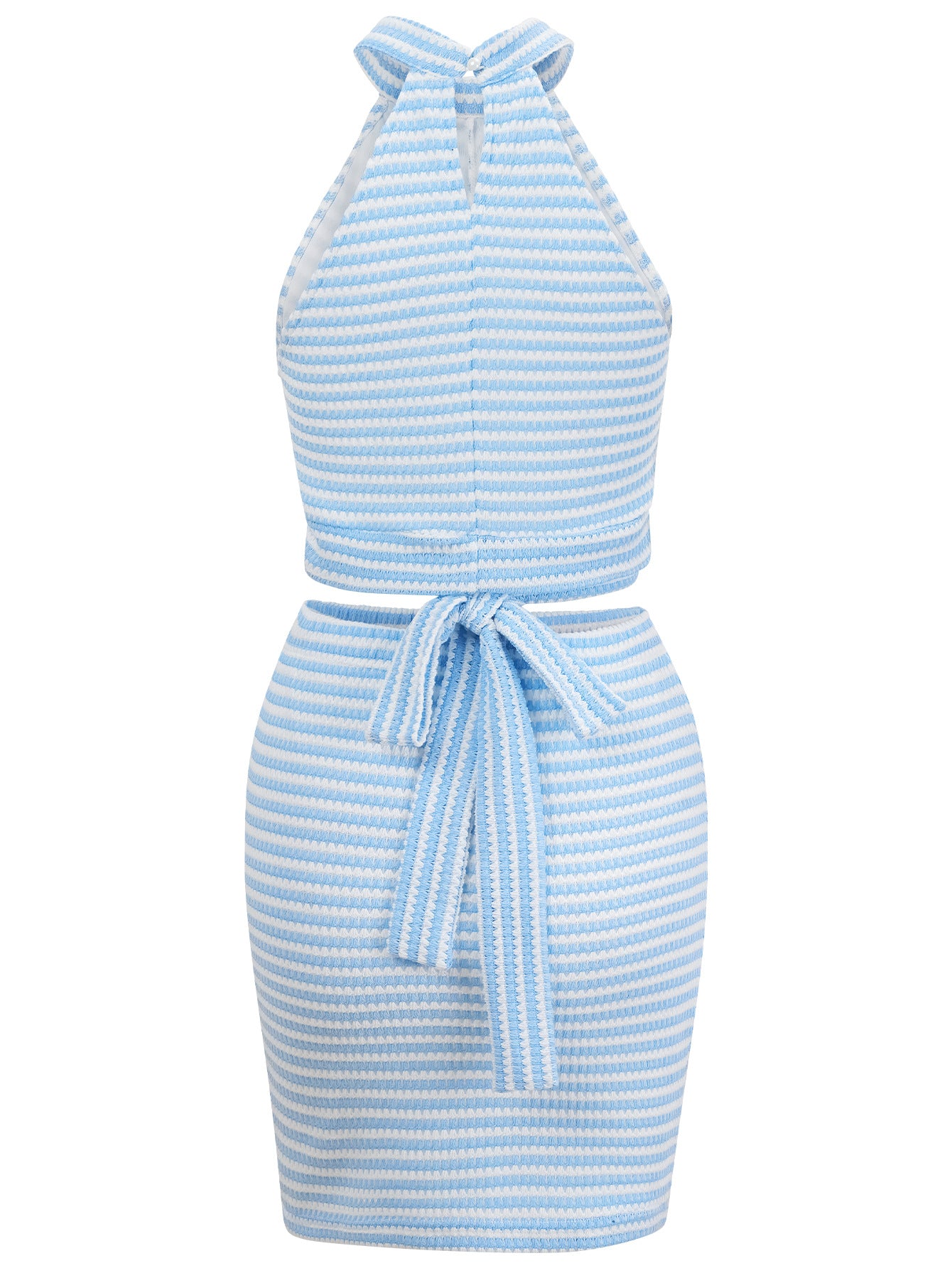 Skirt Set- Striped Summer Women's 2 Piece Set - Halter Top & Bowknot Back Mini Skirt- - Chuzko Women Clothing