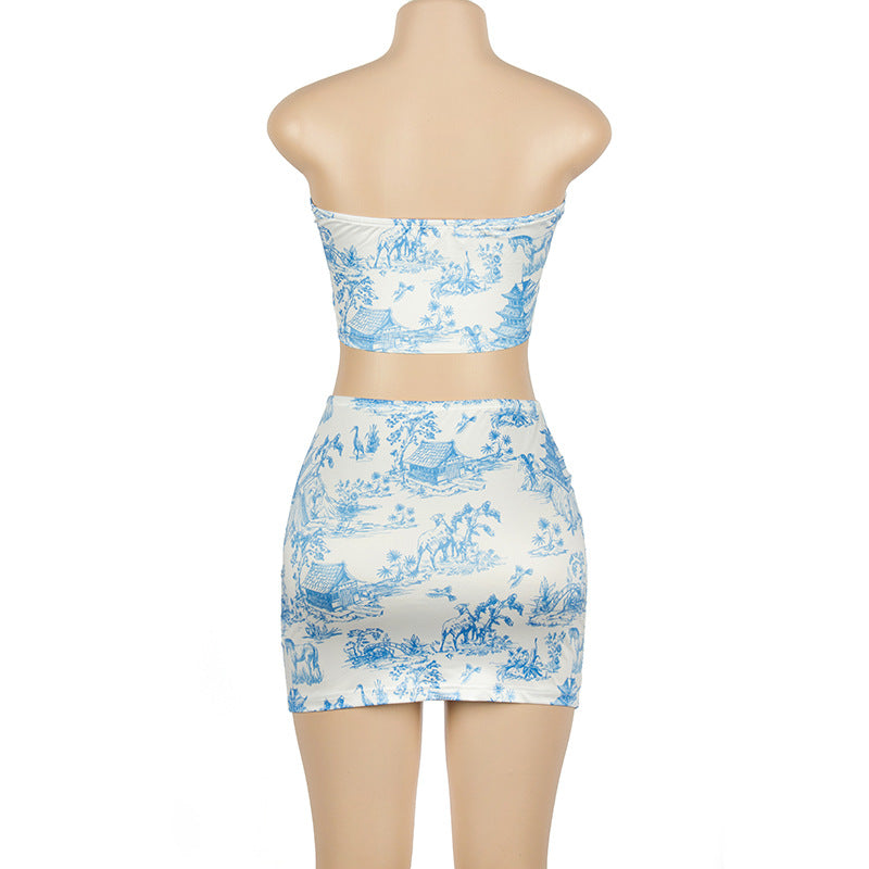 Summer Floral Fitted 2 Piece Outfit with Tube Top & Mini Skirt