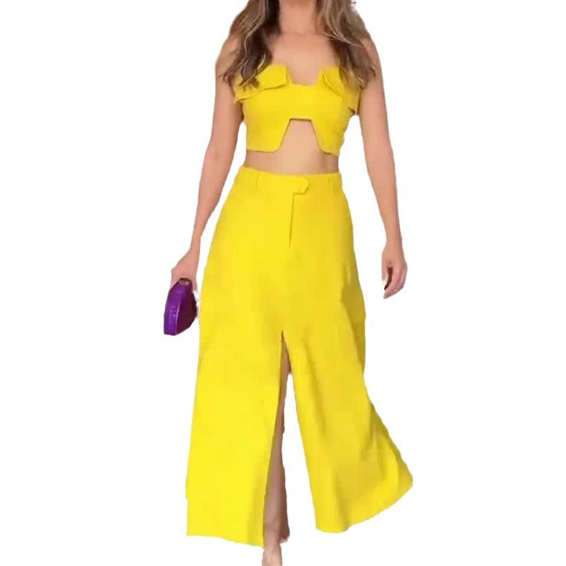 Skirt Set- Summer Solid Slit Maxi Skirt & Cami Top 2 Piece Set for Women's Vacation- - Chuzko Women Clothing