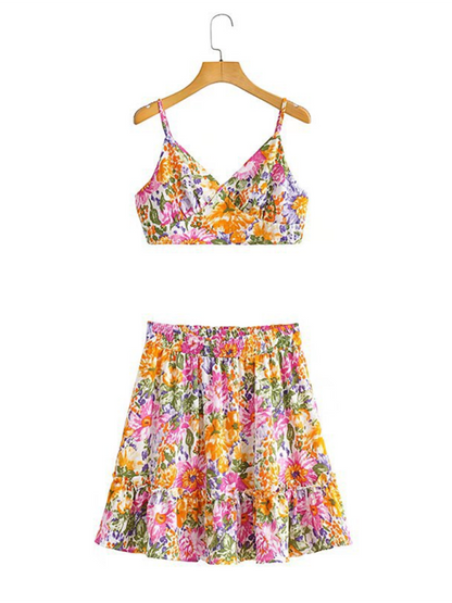Skirt Set- Tropical Paradise Duo A-Line Mini Skirt & Crop Cami- - Chuzko Women Clothing