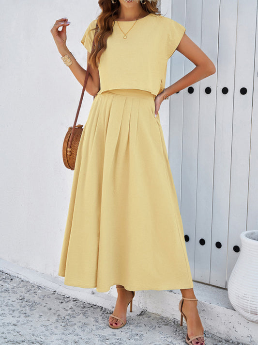 Skirt Set- Vacay Classic 2-Piece Summer Outfit - Cap Sleeve Blouse & Flare Skirt- Light yellow- Chuzko Women Clothing
