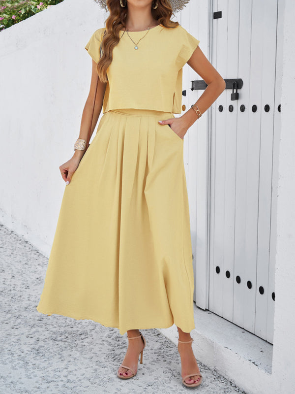 Skirt Set- Vacay Classic 2-Piece Summer Outfit - Cap Sleeve Blouse & Flare Skirt- - Chuzko Women Clothing