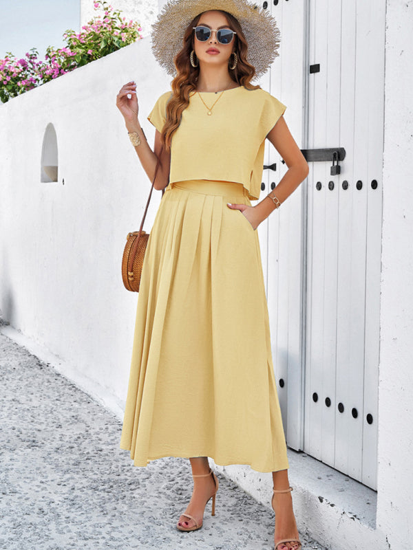 Skirt Set- Vacay Classic 2-Piece Summer Outfit - Cap Sleeve Blouse & Flare Skirt- - Chuzko Women Clothing
