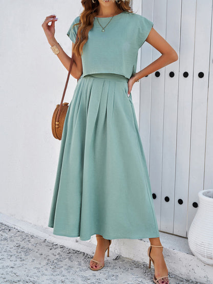 Skirt Set- Vacay Classic 2-Piece Summer Outfit - Cap Sleeve Blouse & Flare Skirt- Grey green- Chuzko Women Clothing