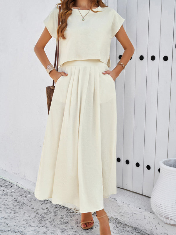 Skirt Set- Vacay Classic 2-Piece Summer Outfit - Cap Sleeve Blouse & Flare Skirt- Cream- Chuzko Women Clothing