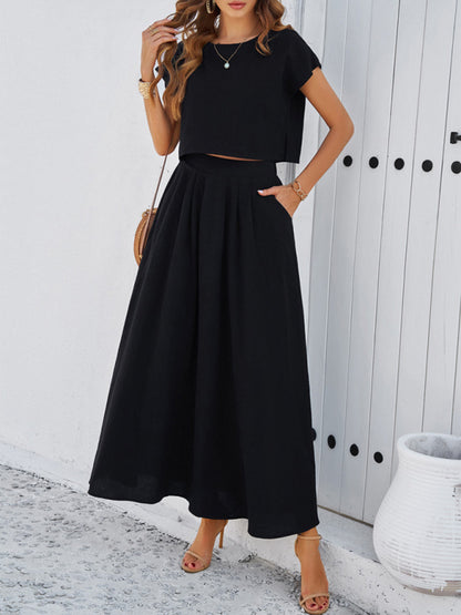 Skirt Set- Vacay Classic 2-Piece Summer Outfit - Cap Sleeve Blouse & Flare Skirt- Black- Chuzko Women Clothing