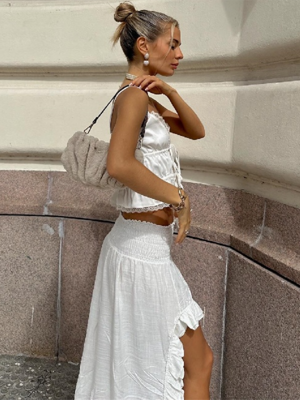 Skirt Set- Women's White Lace-Up Crop Top & High-Low Maxi Skirt Set- - Chuzko Women Clothing