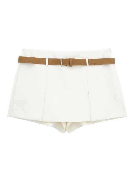 Skirts- Belted Shorts Skirt- Cream- Chuzko Women Clothing
