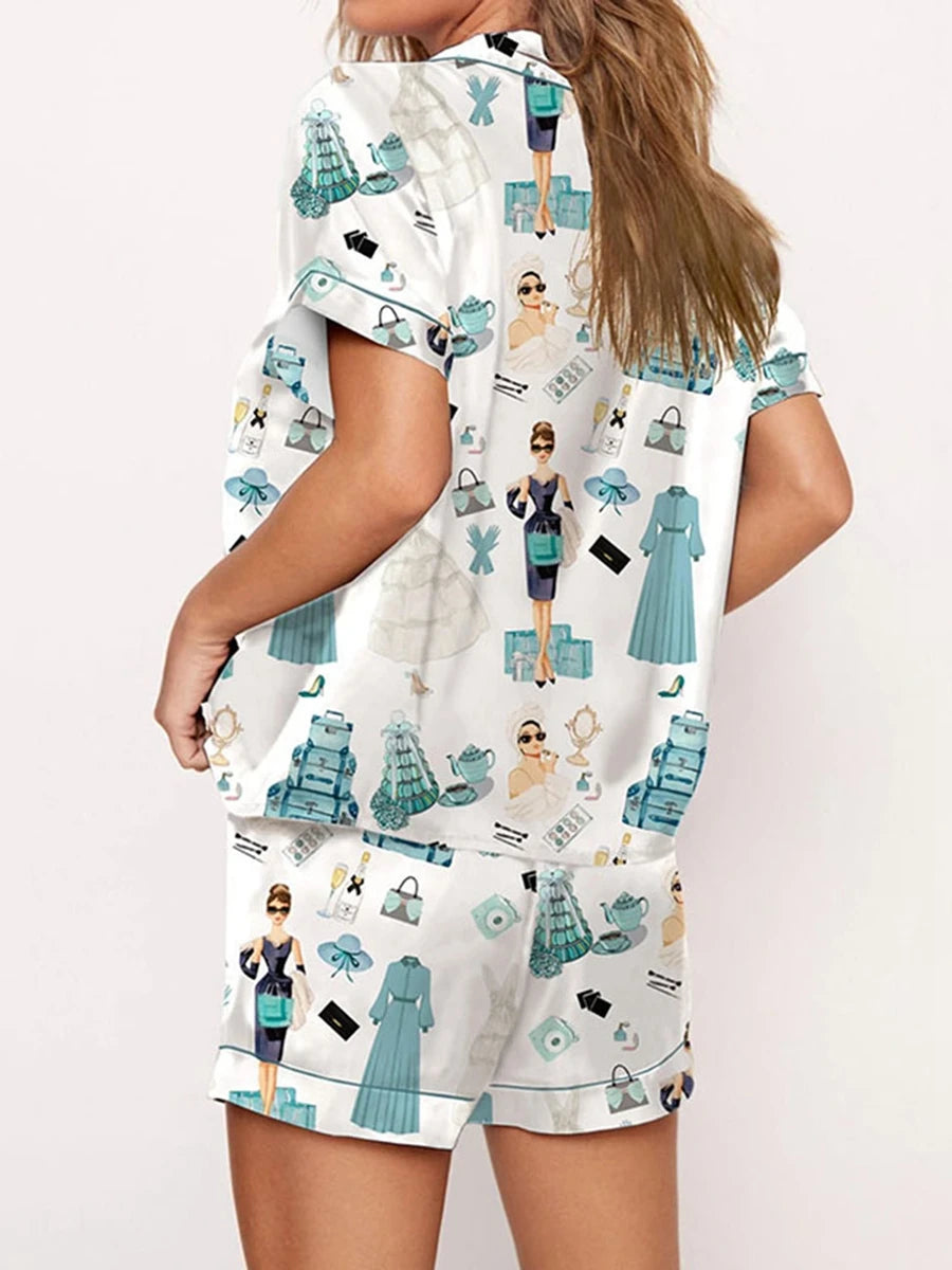 Satin-Nachtwäsche Damenbekleidung Print Pyjama Passendes Set mit Shorts &amp; Hemden