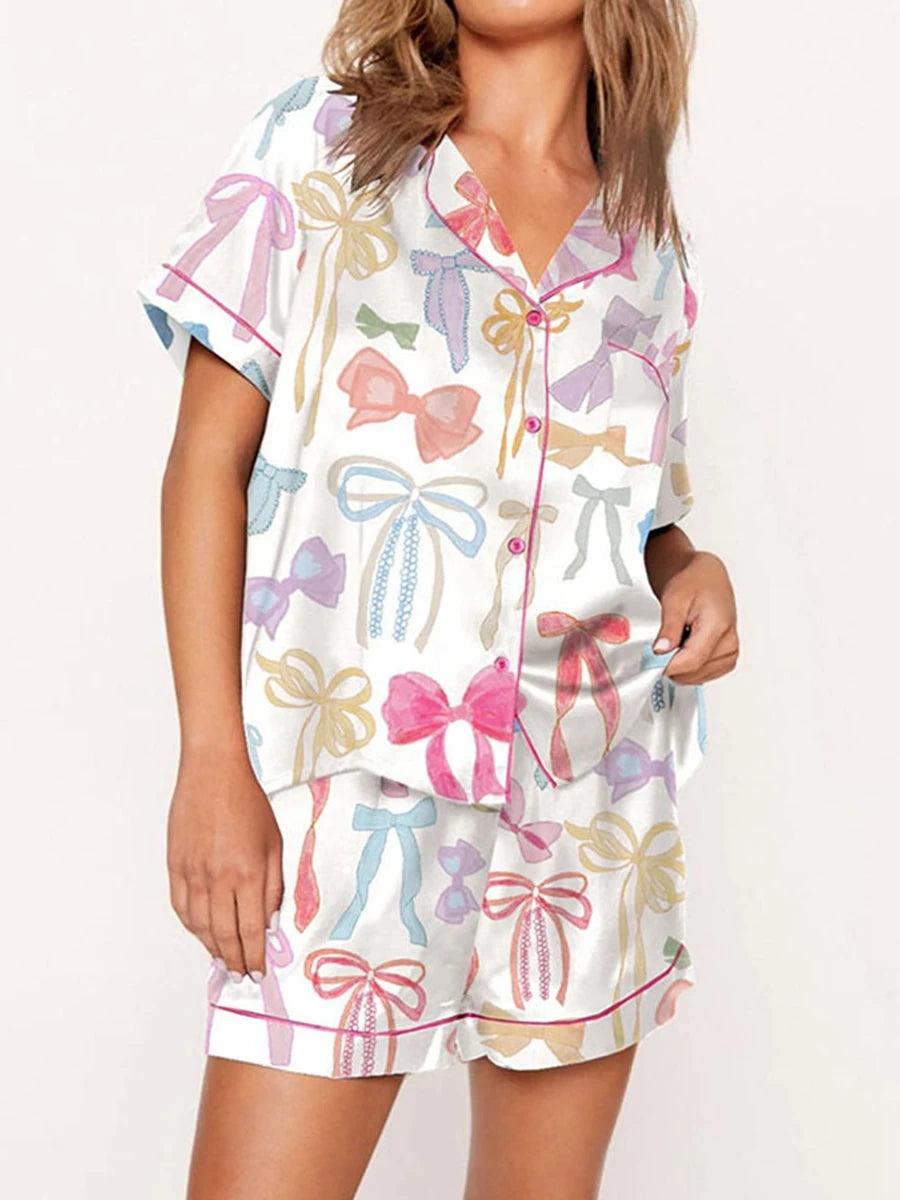 Vêtements de nuit en satin pour femmes, ensemble pyjama imprimé avec short et chemises