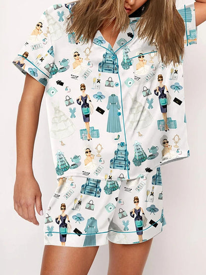 Satin-Nachtwäsche Damenbekleidung Print Pyjama Passendes Set mit Shorts &amp; Hemden