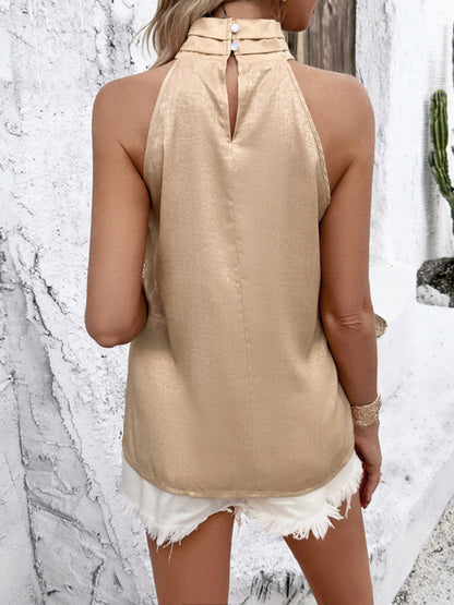 Sleeveless Blouse - Women's Stand Collar Top in Shiny Fabric