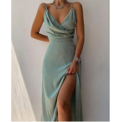 Slip Dresses- Elegant Midi Bridesmaid Dress with Surplice V-Neck- - Chuzko Women Clothing