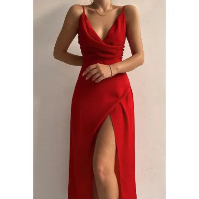 Slip Dresses- Elegant Midi Bridesmaid Dress with Surplice V-Neck- Red- Chuzko Women Clothing