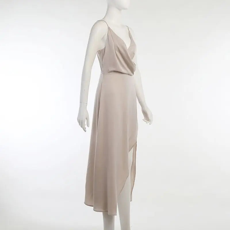 Slip Dresses- Elegant Midi Bridesmaid Dress with Surplice V-Neck- - Chuzko Women Clothing