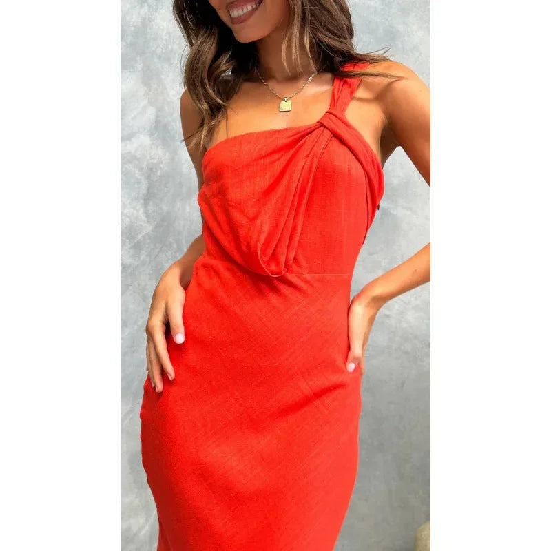 Slip Dresses- Elegant Satin One-shoulder Blouson Evening Dress- XL M L S- Chuzko Women Clothing