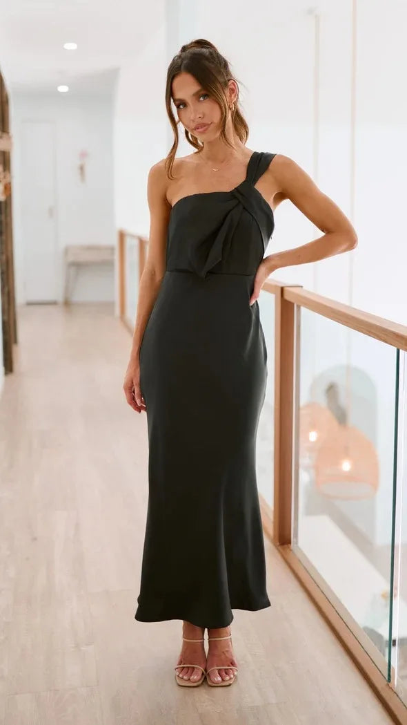 Slip Dresses- Elegant Satin One-shoulder Blouson Evening Dress- - Chuzko Women Clothing