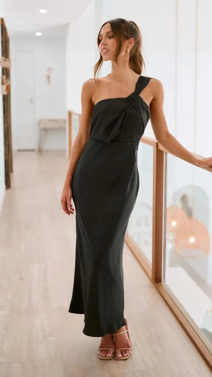 Slip Dresses- Elegant Satin One-shoulder Blouson Evening Dress- - Chuzko Women Clothing