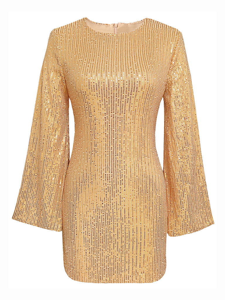 Sparkle Flared Long Sleeve Sequined Mini Dress for Parties