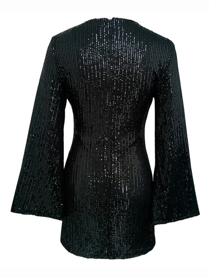 Sparkle Flared Long Sleeve Sequined Mini Dress for Parties