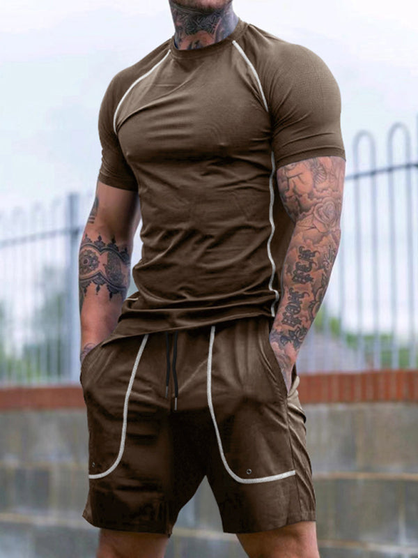 Sporty Outfits- Men’s Gym Workout Set - Sporty Shorts & T-Shirts for Active Living- Khaki- Chuzko Women Clothing