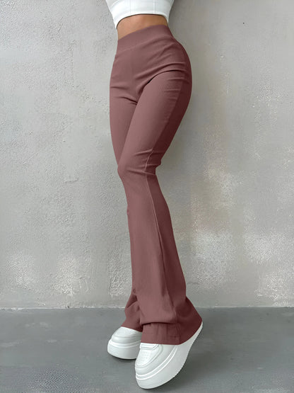 Sporty Pants- Women High-Waisted Flare Leggings for Casual to Dressy Looks- Brown- Chuzko Women Clothing